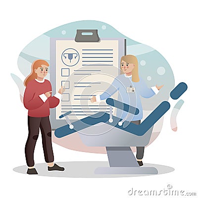 Inspection of the gynecologist illustration. Women, doctor, chair, document. Editable vector graphic design. Vector Illustration