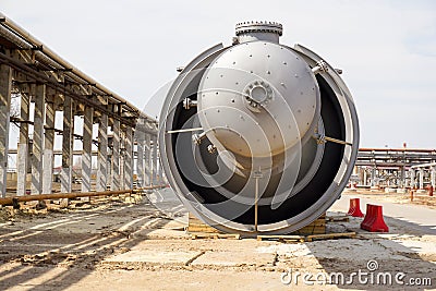 Inspection hatch for a technological column for installation at a refinery, for the production of gasoline Stock Photo