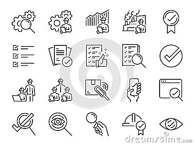 Inspection line icon set. Included the icons as inspect, QA, qualify, quality control, check, verify, and more. Vector Illustration