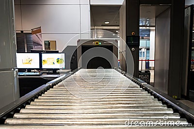 Inspection of personal belongings. Security Service. Scanner for baggage inspection. Stock Photo
