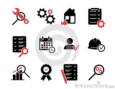 Inspection silhouette icons set. Black icons for quality control, testing, inspect, check, verify, examination. Vector Vector Illustration