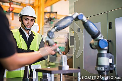 inspector check lathe machine work process Stock Photo