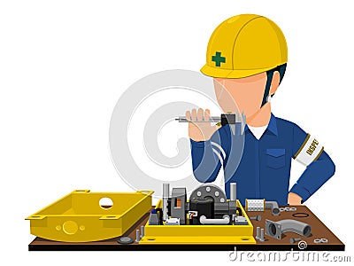 Inspector is inspecting machine part Vector Illustration