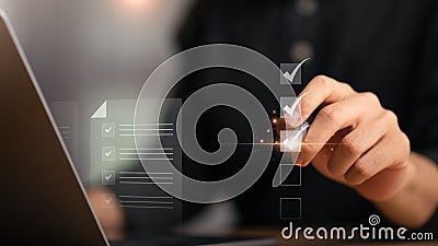 inspector makes mark on the survey topic ,Checklist with checkmarks and checkboxes ,checklist ideas, online quality assessment , Stock Photo
