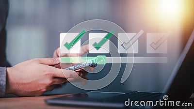 inspector makes mark on the survey topic ,Checklist with checkmarks and checkboxes ,checklist ideas, online quality assessment , Stock Photo