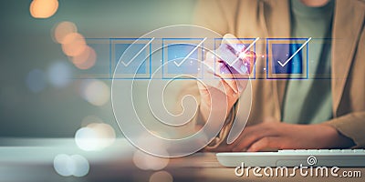 inspector makes mark on the survey topic ,Checklist with checkmarks and checkboxes ,checklist ideas, online quality assessment , Stock Photo