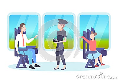 Inspector woman checking tickets of passengers sitting in train compartment ticket validation concept railway transport Vector Illustration