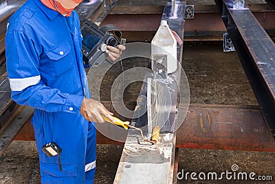 Inspectors are prepared the surface before testing with the process Ultrasonic testing UT Stock Photo