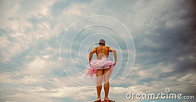 Inspiration and dreaming. Crazy ballerina. drag queen. Man dancing in tutu in ballet studio. Funny man freak. Man in Stock Photo