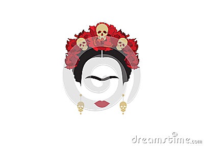 Inspiration Frida, portrait of modern Mexican woman with skull earrings and skulls, illustration with background transparent Vector Illustration