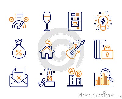 Inspiration, Loan and Wineglass icons set. Innovation, Coffee vending and Electric guitar signs. Vector Vector Illustration