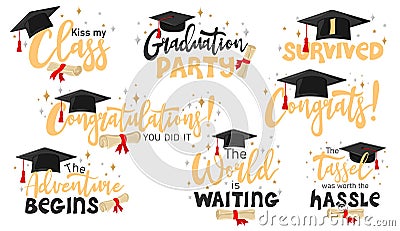 Inspiration and motivation graduation party quotes with graduation cap and scroll of diploma Vector Illustration