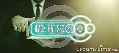Inspiration showing sign Black Hat Seo. Word Written on Search Engine Optimization using techniques to cheat browsers Stock Photo