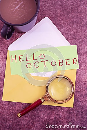 Inspiration showing sign Hello October. Word Written on Last Quarter Tenth Month 30days Season Greeting Stock Photo