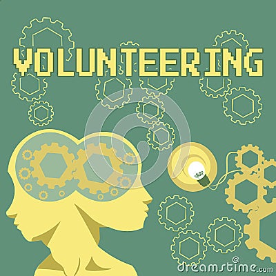 Inspiration showing sign Volunteering. Business idea Provide services for no financial gain Willingly Oblige Two Heads Stock Photo