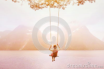 Inspiration, travel and daydream concept, beautiful young woman romantic dreamer on the swing Stock Photo