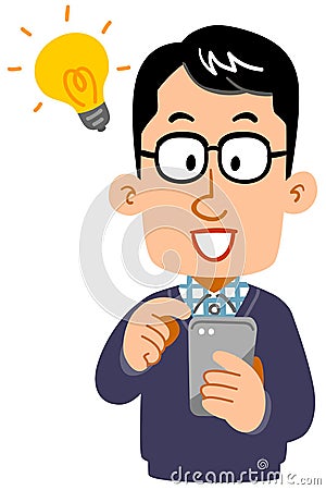 Inspirational expression of a man wearing glasses operating a smartphone Vector Illustration