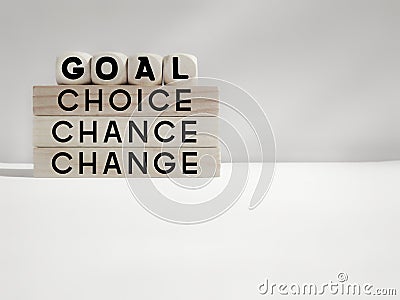 Inspirational and motivational concept - text GOAL CHOICE CHANCE CHANGE background. Stock photo. Stock Photo