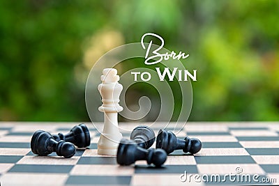 Inspirational motivational quote - Born to win. With king and black pawn chess pieces on a chessboard and green background. Stock Photo