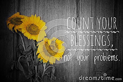 Inspirational motivational quote - count your blessings, not your problems. With three beautiful blossom on rustic wooden board Stock Photo