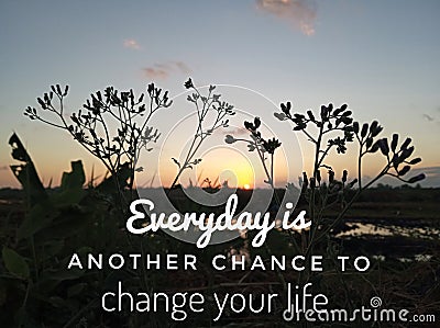 Inspirational motivational quote- everyday is another chance to change your life. With meadow grass flowers silhouette and sunset Stock Photo