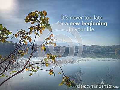 Inspirational motivational quote - It is never too late for a new beginning in your life. With sun morning light over beautiful Stock Photo