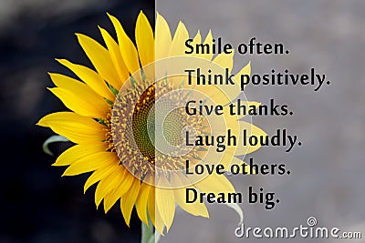 Inspirational motivational words - Smile often. Think positive. Give thanks. Laugh loudly. Love others. Dream big. Positivity. Stock Photo