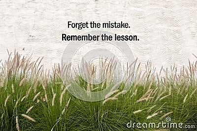 Inspirational positive quote ` Forget the mistake, Remember the lesson` on cement background and grass flower background. Stock Photo