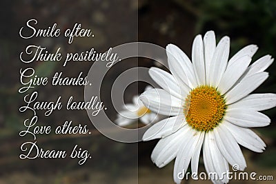 Inspirational positive words - Smile often. Think positively. Give thanks. Laugh loudly. Love others. Dream big. Stock Photo