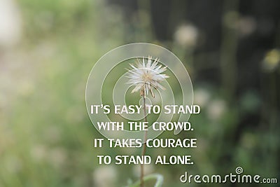 Inspirational quote - It is easy to stand with the crowd. It takes courage to stand alone. With white wild flower & green meadow Stock Photo