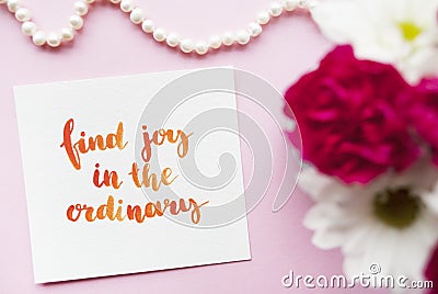 Inspirational quote Find joy in the ordinary written in calligraphy style with watercolor. Composition on a pink background. Flat Stock Photo