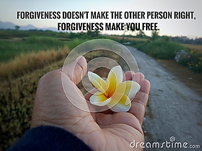 Inspirational quote - forgiveness does not make the other person right. Forgiveness make you free. With flower in the hand. Stock Photo