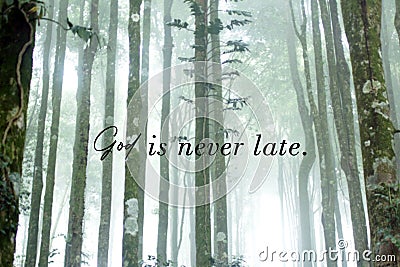 Inspirational quote - God is never late. Faith, hope and believe in god concept with white misty background of fog in the woods Stock Photo