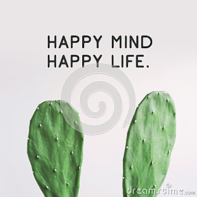 Inspirational quote `Happy Mind Happy Life`. Cactus plant on white background. Stock Photo