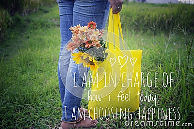 Inspirational motivational quote - I am in charge of how i feel today. I am choosing happiness. Self love and care concept. Stock Photo