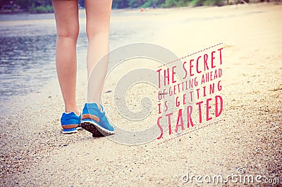 Inspirational quote poster on women`s legs running on beach Stock Photo