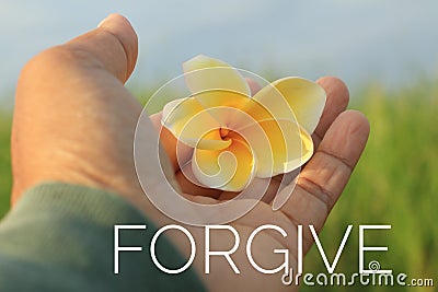 Inspirational single word - forgive. With woman holding a yellow Bali frangipani flower in hand on background of blue sky. Stock Photo