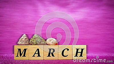 inspirational time concept - word march on wooden blocks in purple vintage background Stock Photo