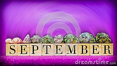 inspirational time concept - word September on wooden blocks with seashells in purple vintage background Stock Photo