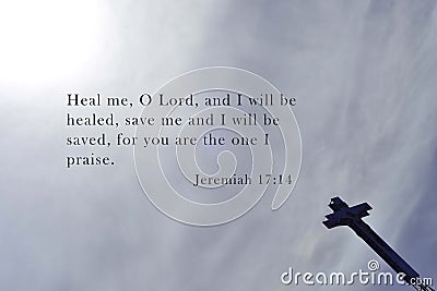 Inspirational verse from the bible on black and white background with wooden cross Stock Photo