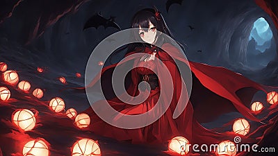 inspired anime cartoon, anime seductive anime black hair red eyes red dress black cloak lantern playful dark cave bat Stock Photo