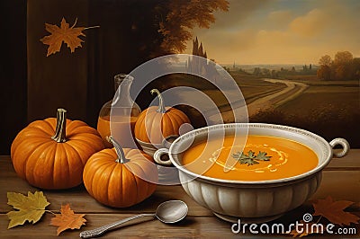 Inspired Pumpkin Soup: A Culinary Masterpiece Captured in a Bowl, Artfully Presented on a Table. Stock Photo