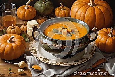 Inspired Pumpkin Soup: A Culinary Masterpiece Captured in a Bowl, Artfully Presented on a Table. Stock Photo