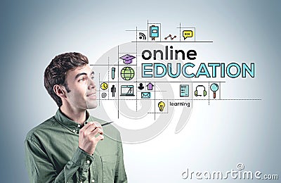 Inspired young man, online education icons Stock Photo