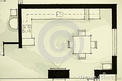 Inspiring black-and-white watercolor and ink illustrative material, showing condo apartment flat partial floor plan Stock Photo