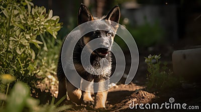 German Shepherd Puppy's First Training Session in the Yard Stock Photo