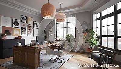 An Inspiring office interior design with Eclectic style Collab. Cartoon Illustration