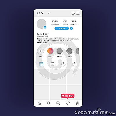 Insta profile Interface. Social media personal screen, mobile application interface elements. Vector Insta inspired UI Vector Illustration