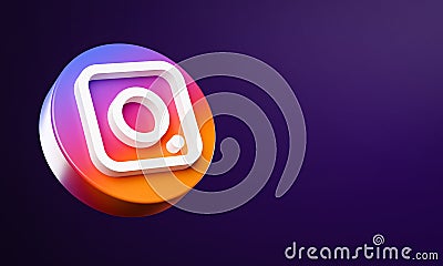 Instagram Circle Button Icon 3D on Dark Bakcgorund. Elegant Template Blank Space Editorial Stock Photo