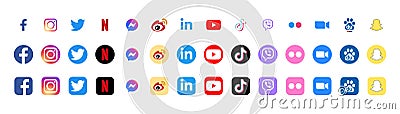 Instagram, Facebook, Twitter, TikTok, Zoom, Viber, Weibo, Linkedin, Snapchat, Youtube, Netflix etc - popular social media, Vector Illustration